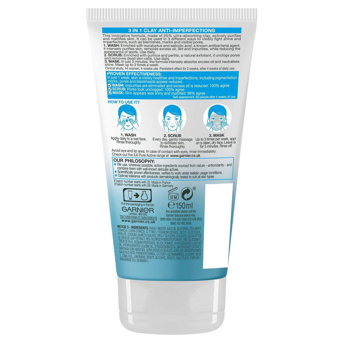 Garnier Pure Active Cleanser 3 in 1 Wash, Scrub, Mask -150 ml