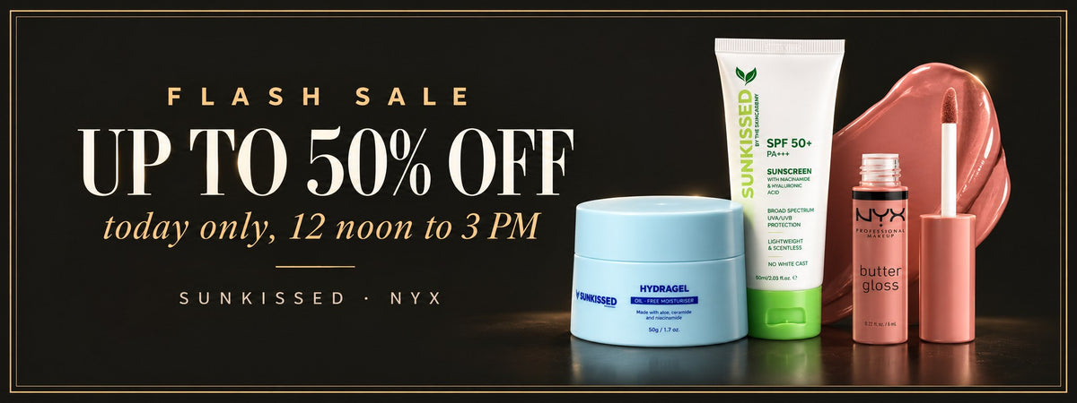 Flash sale: up to 50% off, today 12 noon to 3 PM. Sunkissed, NYX